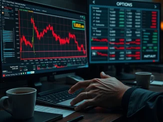 A tense trading desk monitors Bitcoin's sharp price drop and spiking options delta skew, signaling extreme market fear.