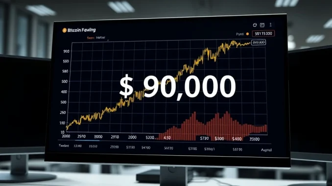 Bitcoin price chart breaking through the $90,000 milestone on a professional trading dashboard.