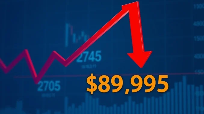 Bitcoin price chart showing decline below $90,000 with market analysis indicators