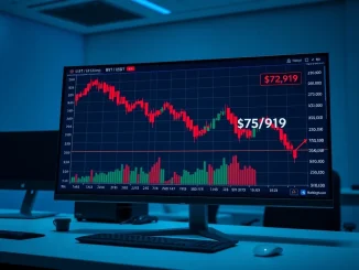 Bitcoin price chart showing a sharp decline below $76,000 during a market correction.