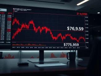 Bitcoin price chart showing a sharp decline below $77,000 on a trading terminal.