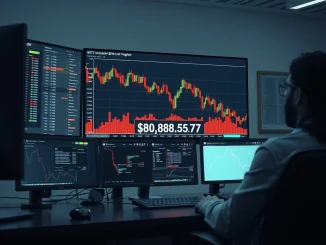 Bitcoin price chart showing a decline below $81,000 on a professional trading desk monitor.