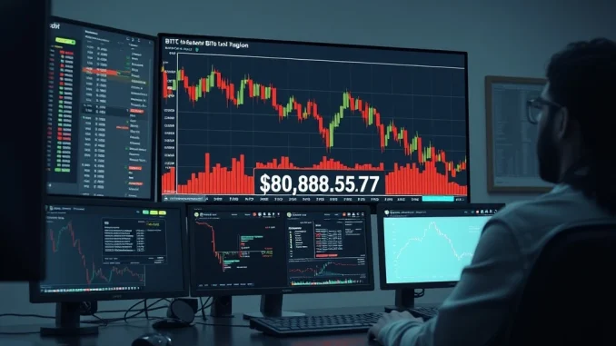 Bitcoin price chart showing a decline below $81,000 on a professional trading desk monitor.