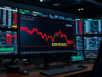 Bitcoin price chart showing a sharp decline below $82,000 on a trading desk monitor.