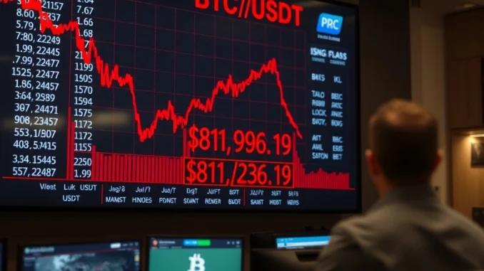 Analysis of Bitcoin price falling below $82,000 on a financial data screen showing a red downtrend.