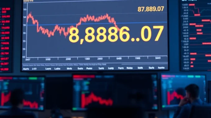 Bitcoin Price Plummets: BTC Falls Below $83,000 in Market Correction Bitcoin price chart showing a decline below $83,000 during a market correction on trading monitors.