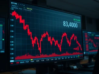 Bitcoin price chart showing a sharp decline below $84,000 on a trading terminal.