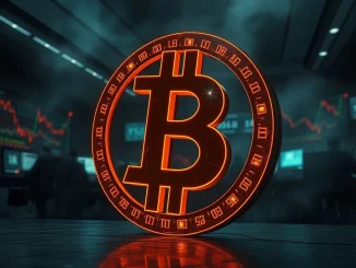 Bitcoin price falls below $85,000 in a significant market correction, shown on a dramatic trading floor scene.