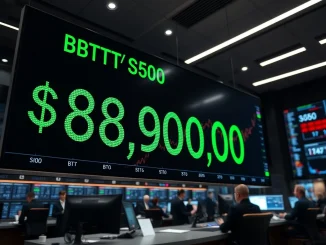 Bitcoin price surges past $89,000 on a digital financial ticker, marking a significant cryptocurrency market milestone.