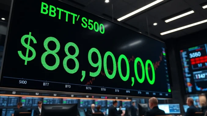 Bitcoin price surges past $89,000 on a digital financial ticker, marking a significant cryptocurrency market milestone.
