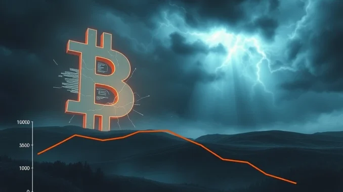 Conceptual representation of Bitcoin security crisis with cracking symbol and declining revenue graph