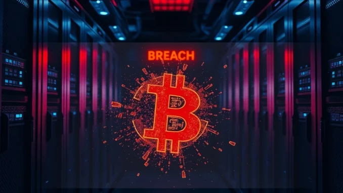 Digital security breach representing the $28.8M Bitcoin seized from South Korean prosecutors.