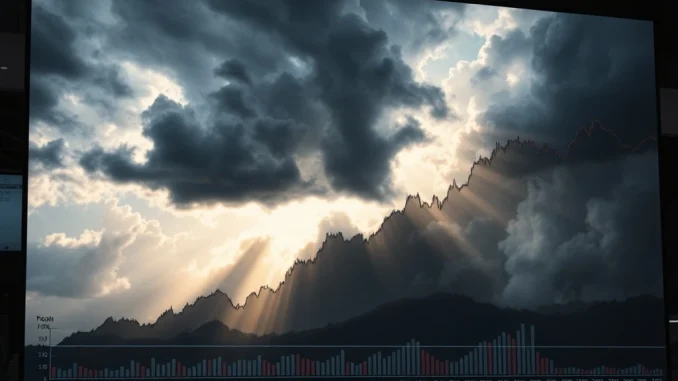 Bitcoin sentiment analysis chart showing extreme fear levels with storm clouds parting, signaling potential market shift.