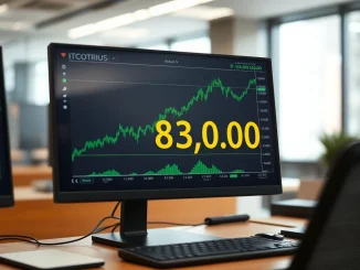 Bitcoin price chart showing a surge above the $83,000 milestone on a professional trading dashboard.