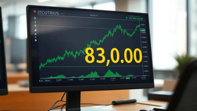 Bitcoin price chart showing a surge above the $83,000 milestone on a professional trading dashboard.
