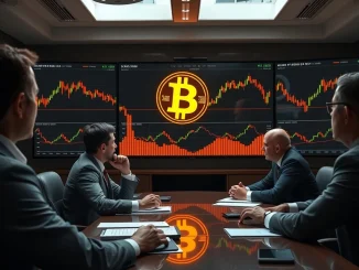 Institutional investors analyzing bitcoin price charts during market correction, showing undervalued opportunity