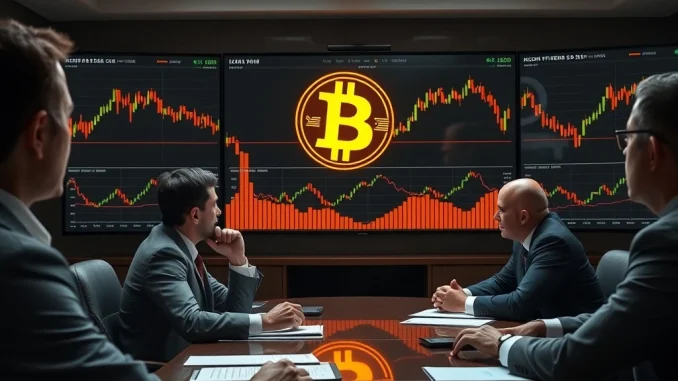Institutional investors analyzing bitcoin price charts during market correction, showing undervalued opportunity