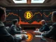 Institutional investors analyzing bitcoin price charts during market correction, showing undervalued opportunity
