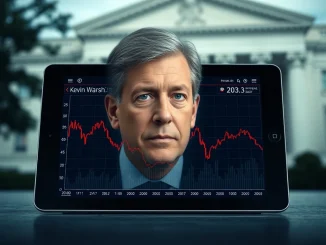 Bitcoin price chart declining under potential Fed Chair Kevin Warsh's hawkish policy influence.