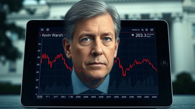 Bitcoin price chart declining under potential Fed Chair Kevin Warsh's hawkish policy influence.