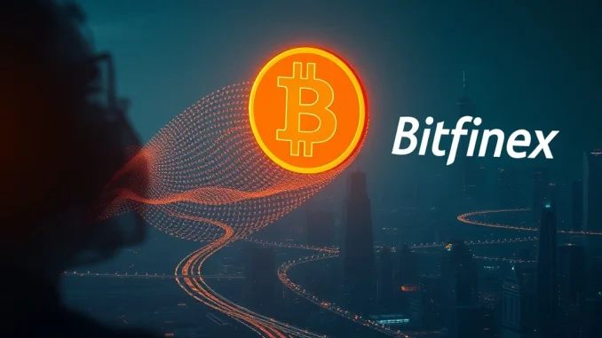 Visualization of a massive 5,999 Bitcoin whale transfer flowing to the Bitfinex cryptocurrency exchange.