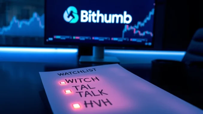 Bithumb exchange investment watchlist document highlighting Witch Token, Talken, and Havah for scrutiny.