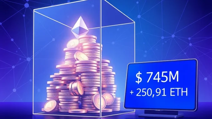 Bitmine's $745 million Ethereum stake visualized as a massive digital investment in cryptocurrency.