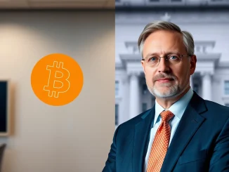 Rick Rieder BlackRock CIO and Bitcoin logo, representing potential Fed Chair impact on cryptocurrency policy.