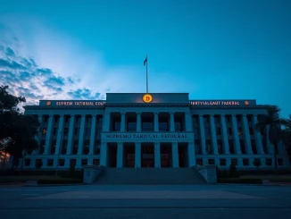 Brazil Supreme Court building with crypto symbols, reviewing cryptocurrency ban for election campaigns.