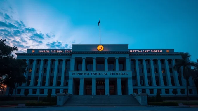 Brazil Supreme Court building with crypto symbols, reviewing cryptocurrency ban for election campaigns.