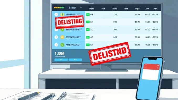 Illustration of Bybit exchange delisting SERAPH, XO, PSTAKE, and MASA spot trading pairs for traders.