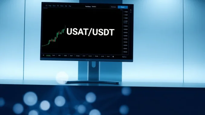 Professional visualization of the Bybit exchange interface listing the new USAT/USDT cryptocurrency trading pair for spot markets.