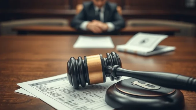 Courtroom scene depicting sentencing for a $37 million cryptocurrency fraud scheme involving USDT and shell companies.
