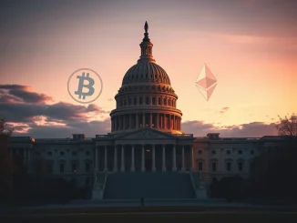 US Capitol with cryptocurrency symbols representing the CLARITY Act legislative debate