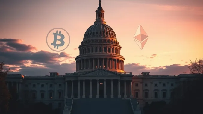 US Capitol with cryptocurrency symbols representing the CLARITY Act legislative debate