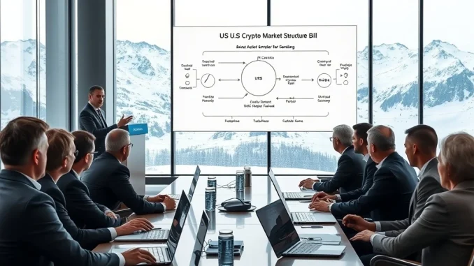 Coinbase CEO discusses US crypto market structure bill with banking leaders at Davos conference.