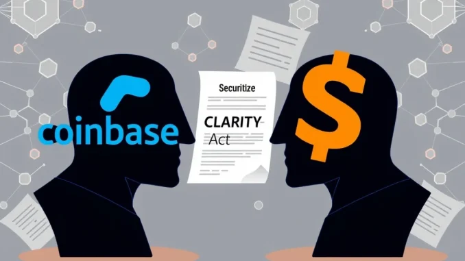 Coinbase CLARITY Act opposition analysis showing regulatory competition with Securitize in cryptocurrency market