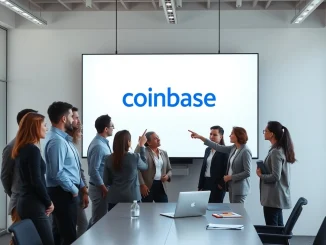 Business team reviewing Coinbase custom stablecoin service interface for issuing company digital currency.