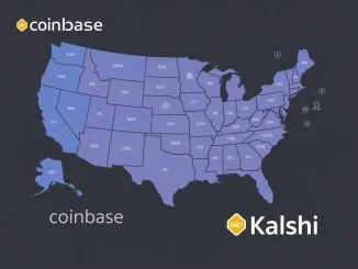 Map of the United States showing Coinbase's Kalshi-based prediction market expansion to all 50 states.