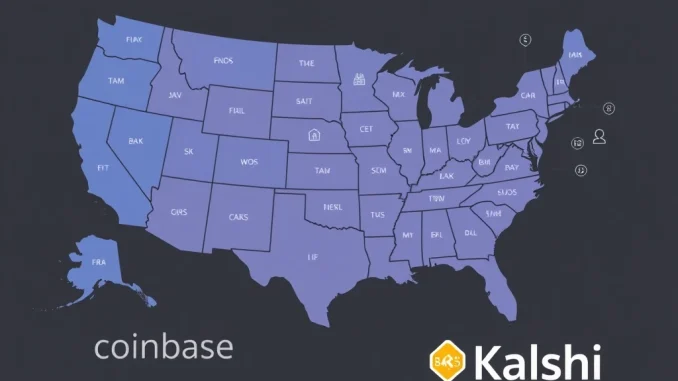 Map of the United States showing Coinbase's Kalshi-based prediction market expansion to all 50 states.