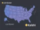 Map of the United States showing Coinbase's Kalshi-based prediction market expansion to all 50 states.