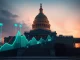 U.S. Capitol with data overlay showing probability of a congressional stock trading ban passing.