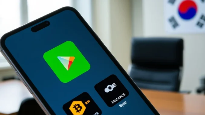 Unregistered Crypto Exchange Apps Defy South Korea's Google Play Delisting Plan Smartphone showing unregistered crypto exchange apps like Binance on Google Play despite South Korea's FIU delisting plan.