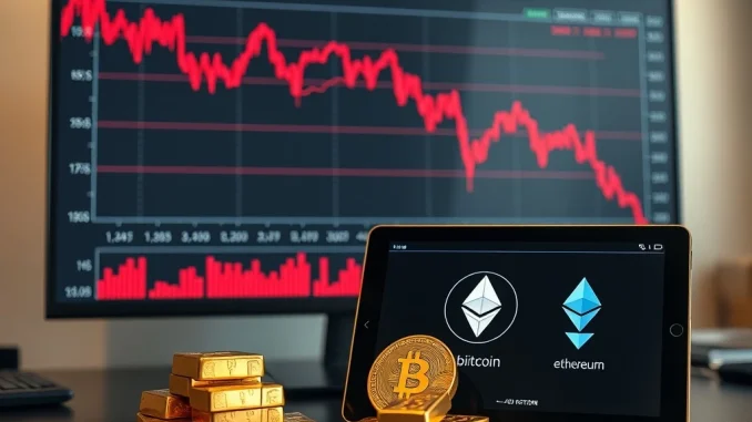 Chart showing $1.82 billion in crypto ETF withdrawals amid Bitcoin and Ethereum price decline.