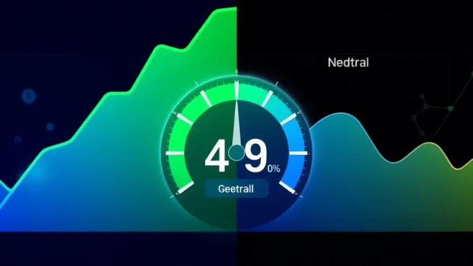 Crypto Fear & Greed Index gauge showing a dramatic drop from greed to a neutral sentiment reading of 49.