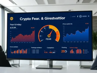 Crypto Fear & Greed Index dashboard showing fear level at 29 with market sentiment charts
