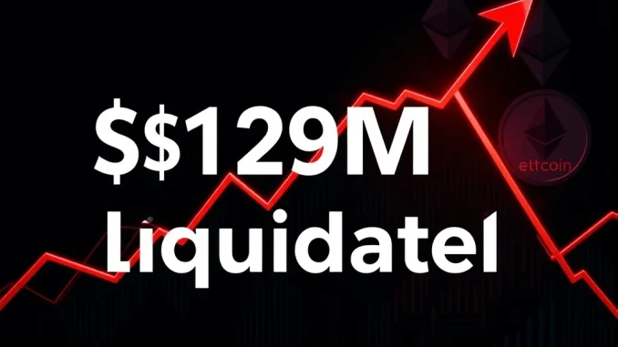 Futures Liquidated: $129 Million Wiped Out in One Hour as Crypto Market Sees Surge in Liquidations Data visualization showing $129 million in cryptocurrency futures liquidated in one hour during market volatility.
