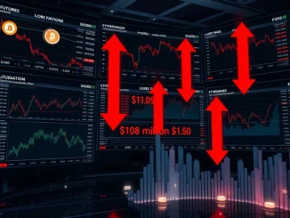Real-time visualization of $108 million cryptocurrency futures liquidations across major exchanges during market volatility