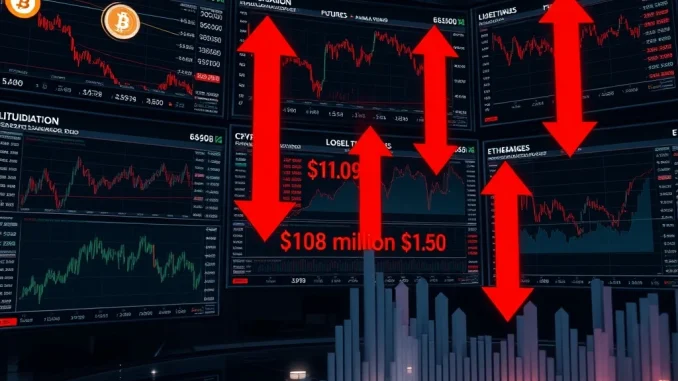Real-time visualization of $108 million cryptocurrency futures liquidations across major exchanges during market volatility