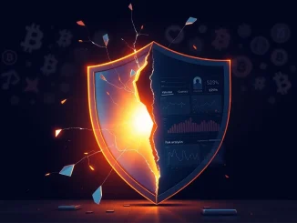 Conceptual image of blockchain security failure and the crypto hack recovery crisis, showing a fractured digital shield.